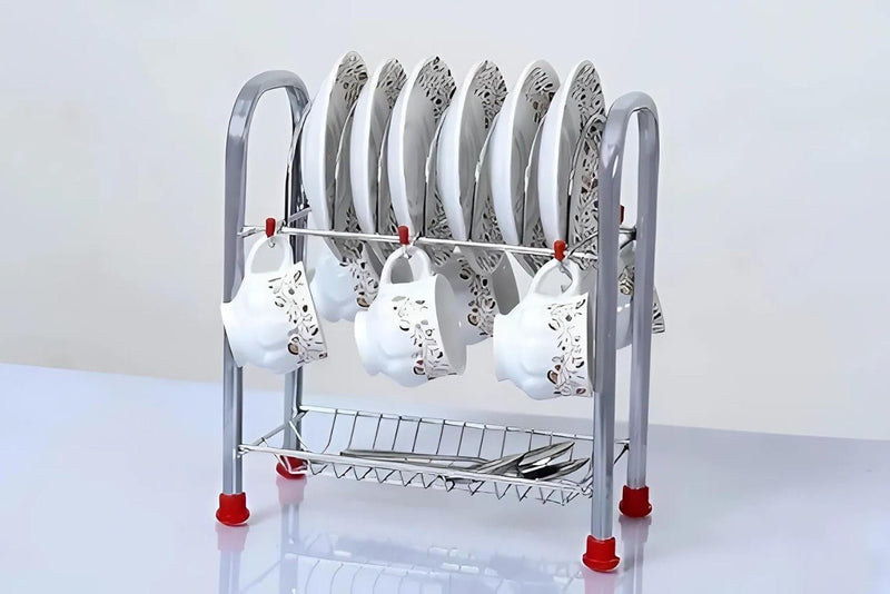 🥤 Stainless Steel Cup & Saucer Stand | 2‑Layer • Rust‑Proof • Space‑Saving